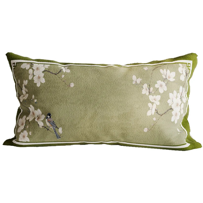Lumbar Pillow Cover Linen-Blend Velvet Trim Fade-Resistant Print