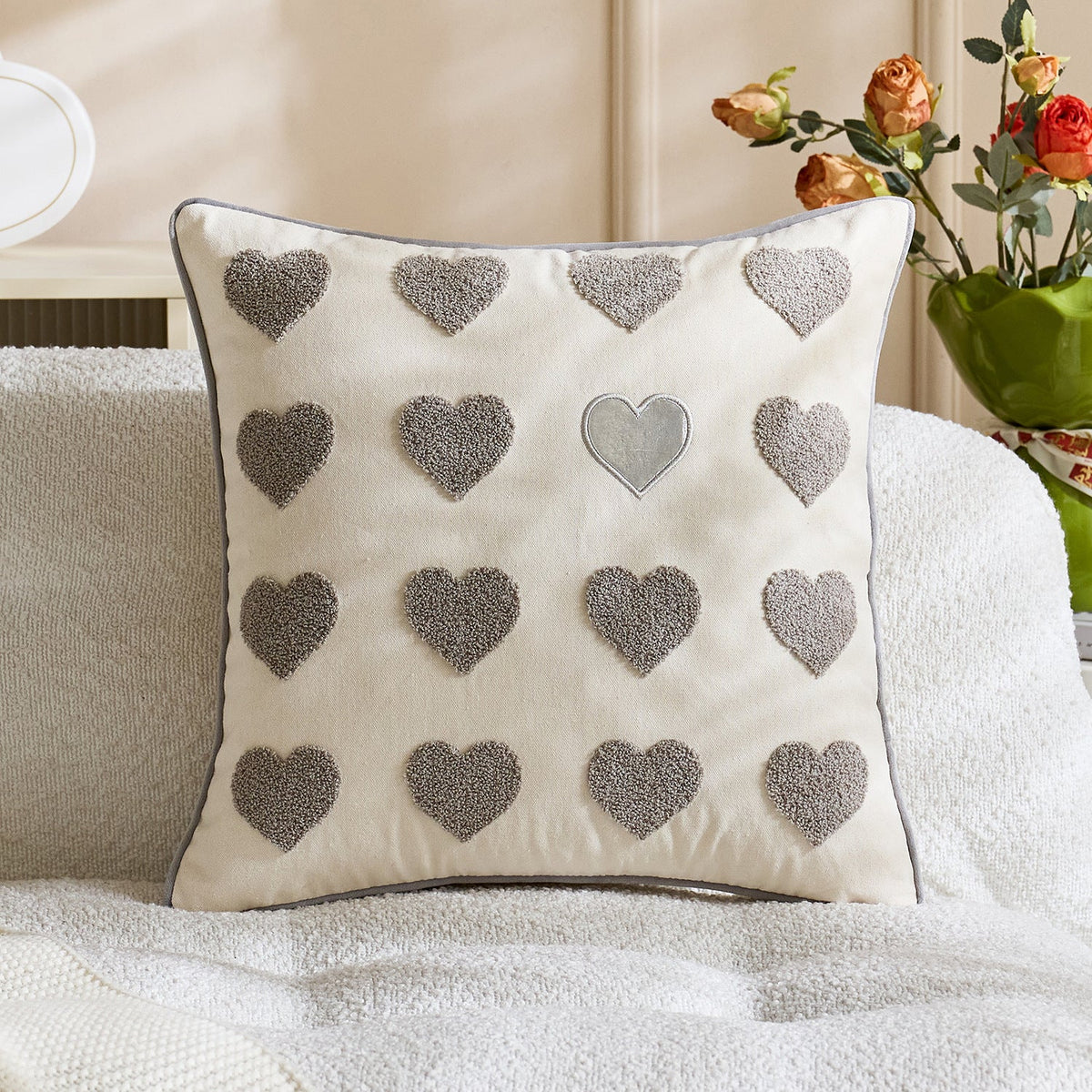 Lumbar Pillow Cover Linen-Look Embroidered Script & Tufted Heart