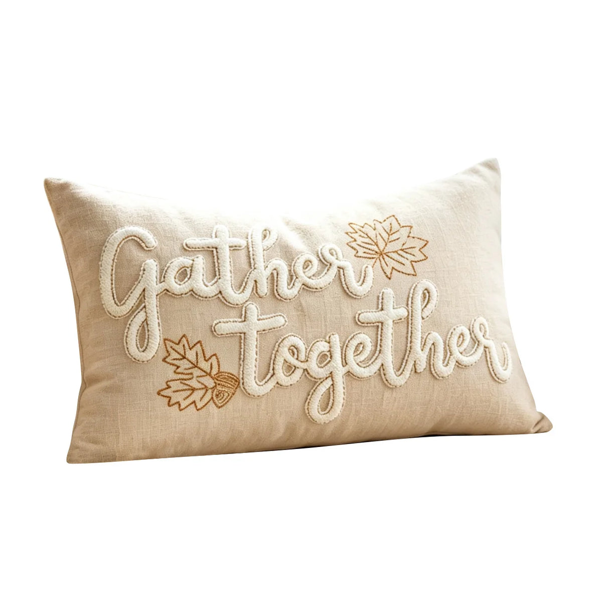 Lumbar Pillow Cover Linen-Texture Fabric & Chenille Leaf Applique