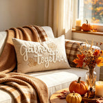 Lumbar Pillow Cover Linen-Texture Fabric & Chenille Leaf Applique