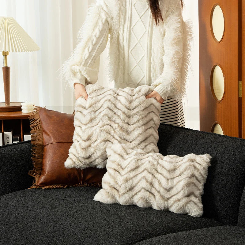 Lumbar Pillow Cover Plush Faux Fur Chevron Machine Washable