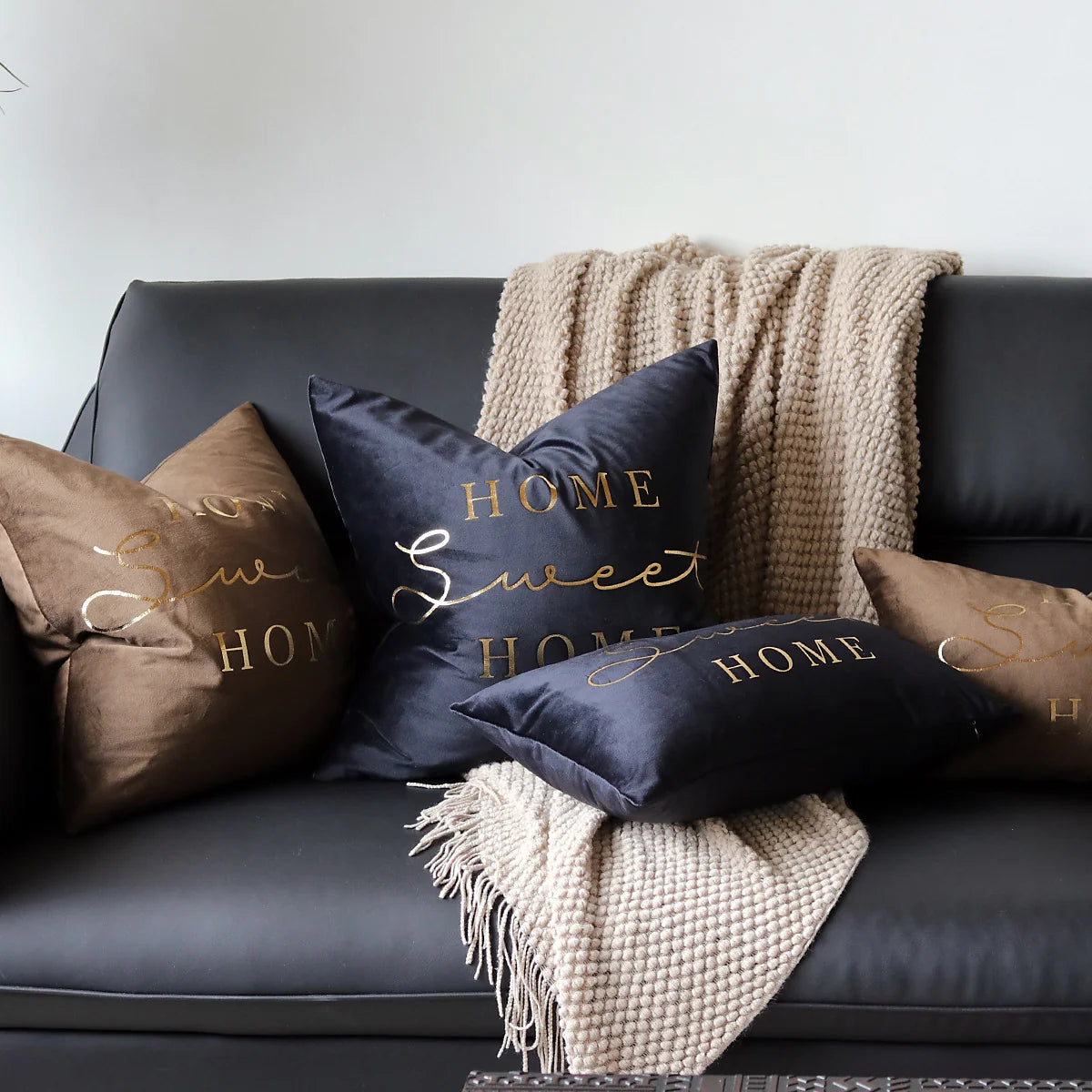 Lumbar Pillow Cover Plush Velvet Metallic Script Hidden Zipper