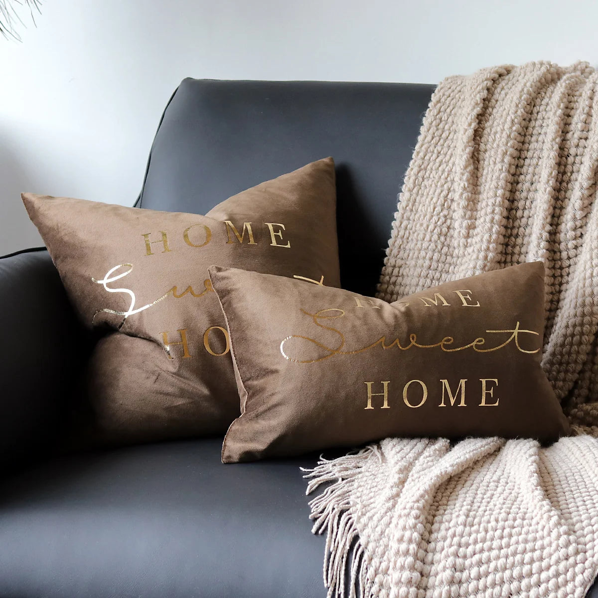 Lumbar Pillow Cover Plush Velvet Metallic Script Hidden Zipper