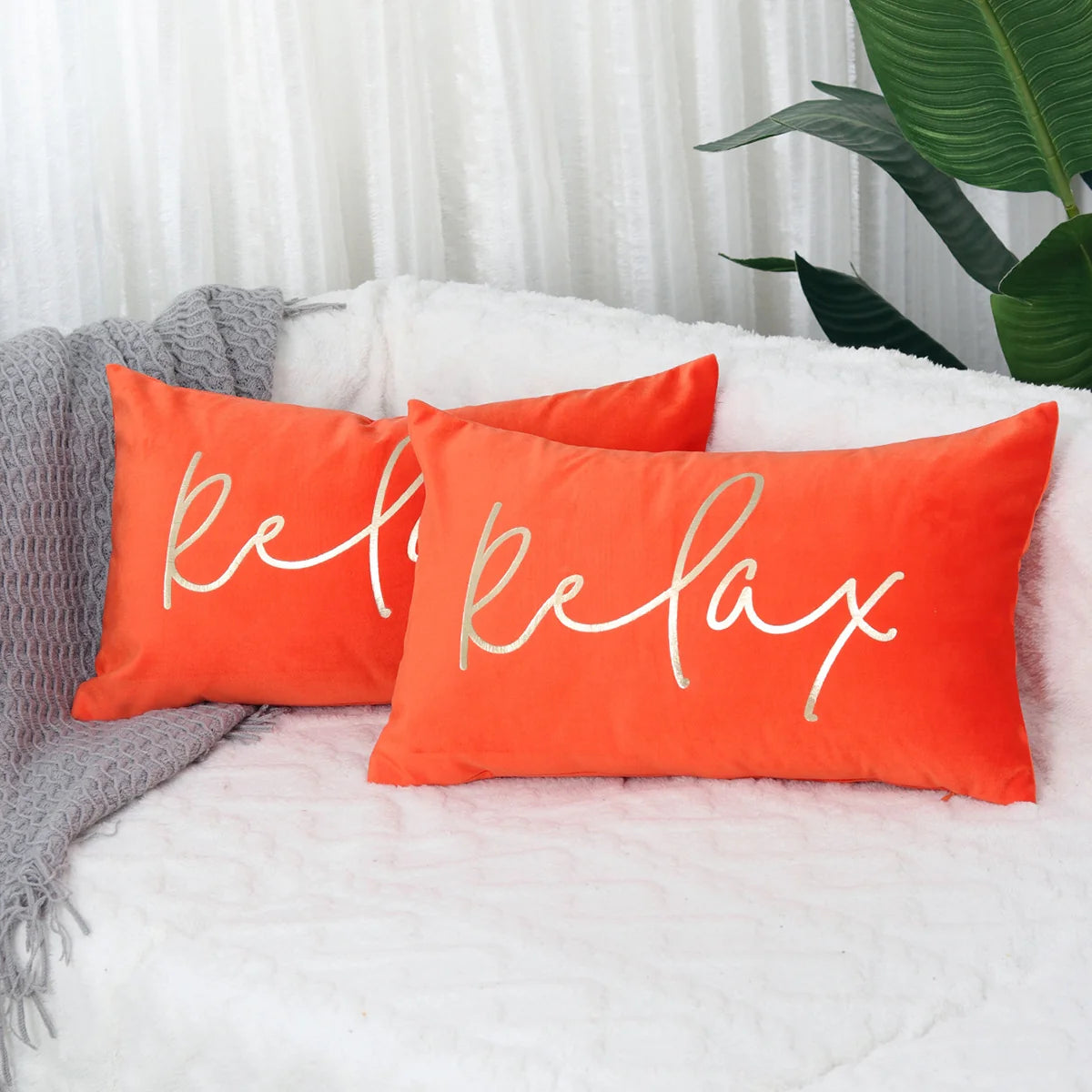 Lumbar Pillow Cover Plush Velvet Metallic Script Hidden Zipper