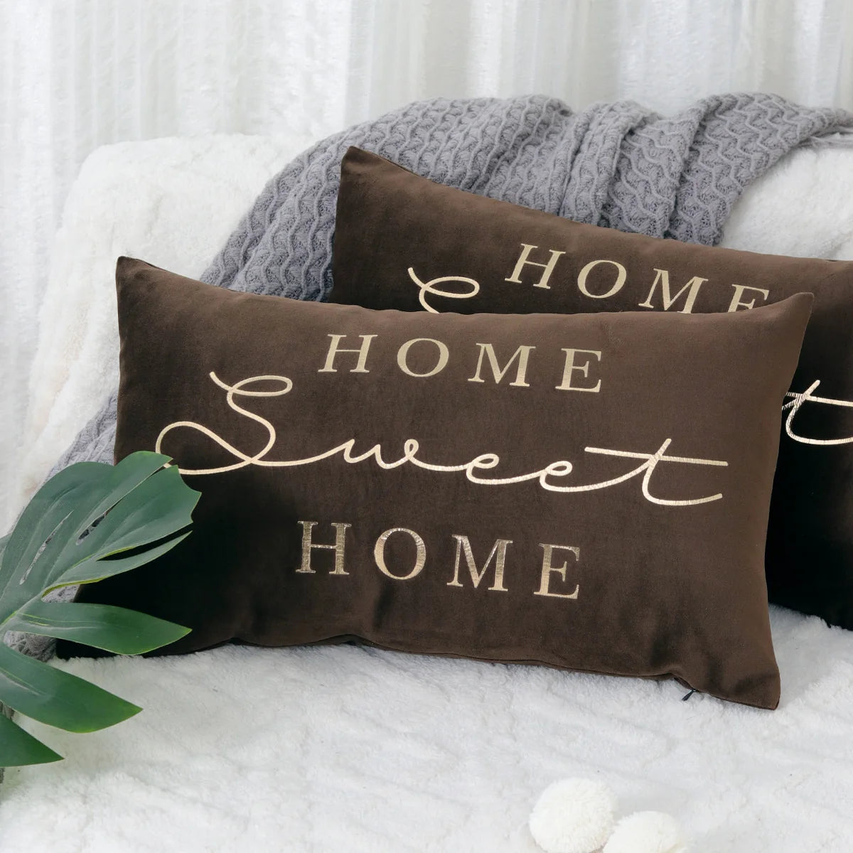 Lumbar Pillow Cover Soft-Touch Fabric Metallic Script Embroidery