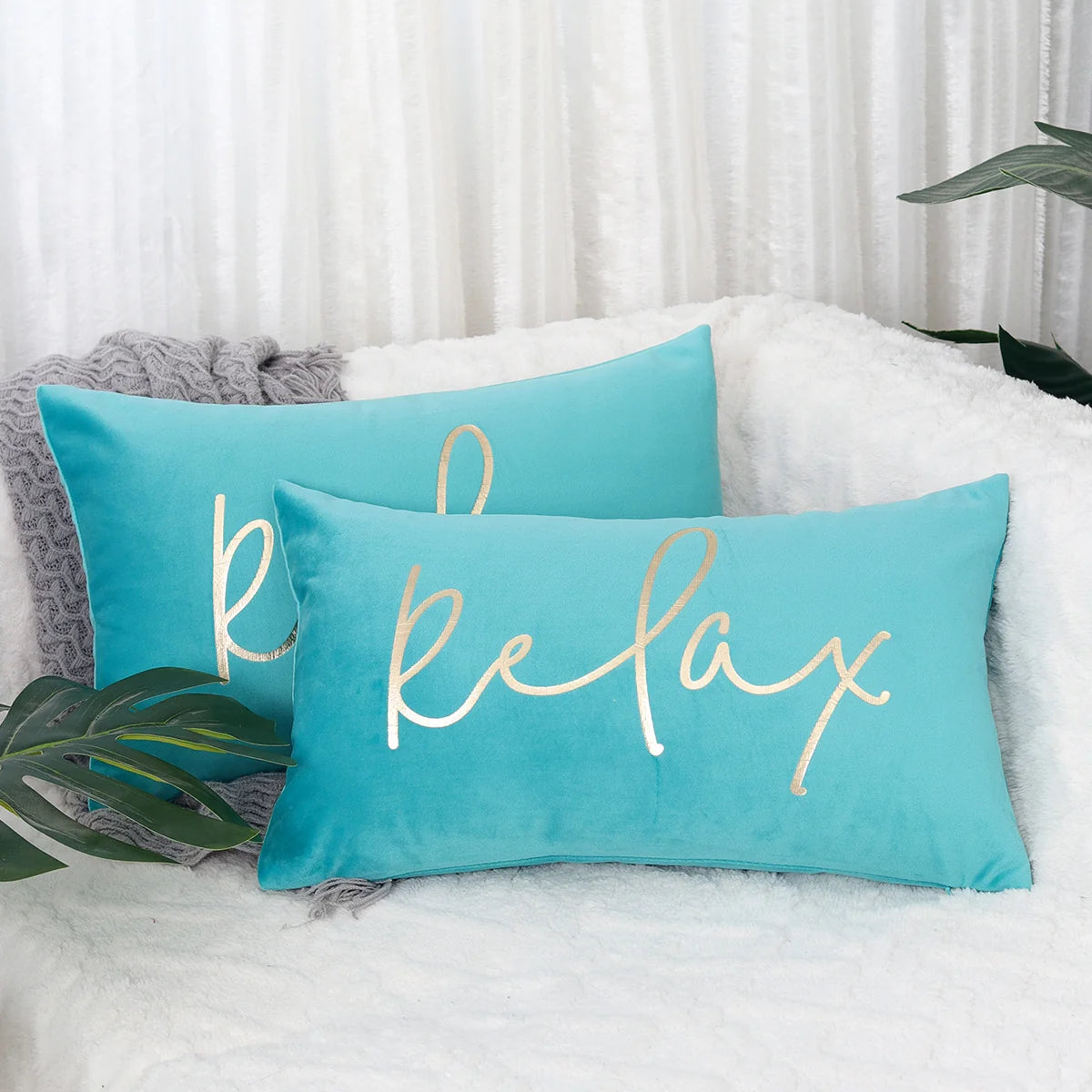 Lumbar Pillow Cover Soft-Touch Fabric Metallic Script Embroidery