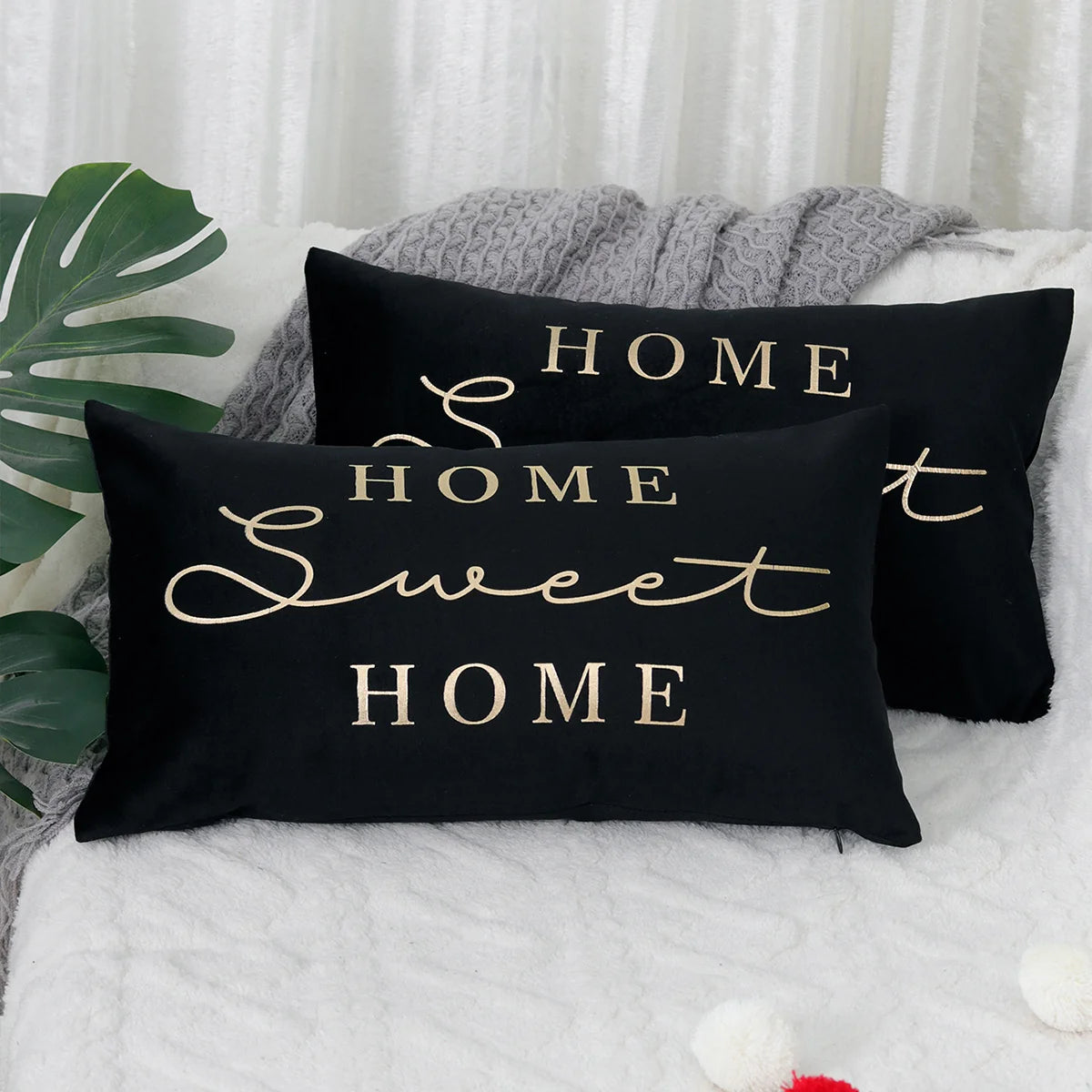 Lumbar Pillow Cover Soft-Touch Fabric Metallic Script Embroidery