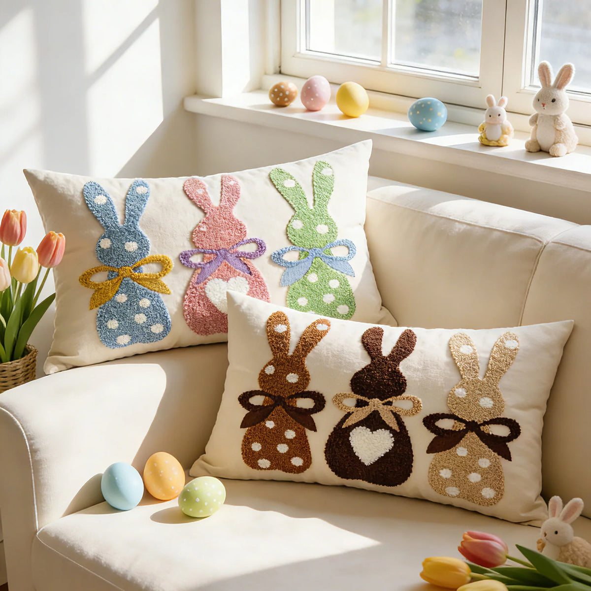Lumbar Pillow Cover Tufted Bunny Applique Cotton-Linen Blend