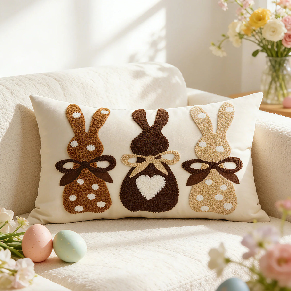 Lumbar Pillow Cover Tufted Bunny Applique Cotton-Linen Blend