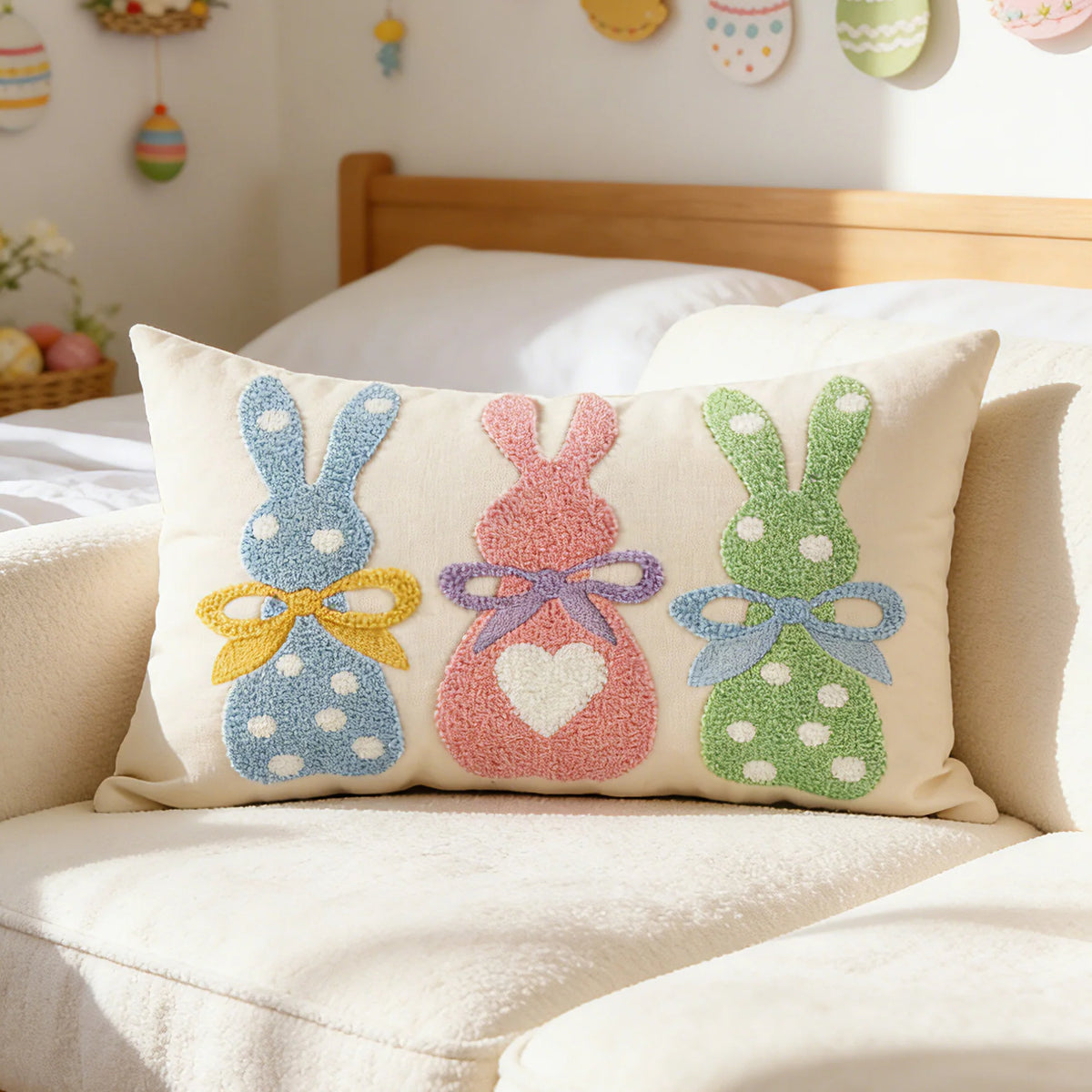 Lumbar Pillow Cover Tufted Bunny Applique Cotton-Linen Blend