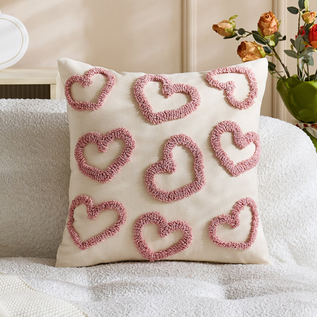 Lumbar Pillow Cover Tufted Heart Design Cotton-Linen Hidden Zipper