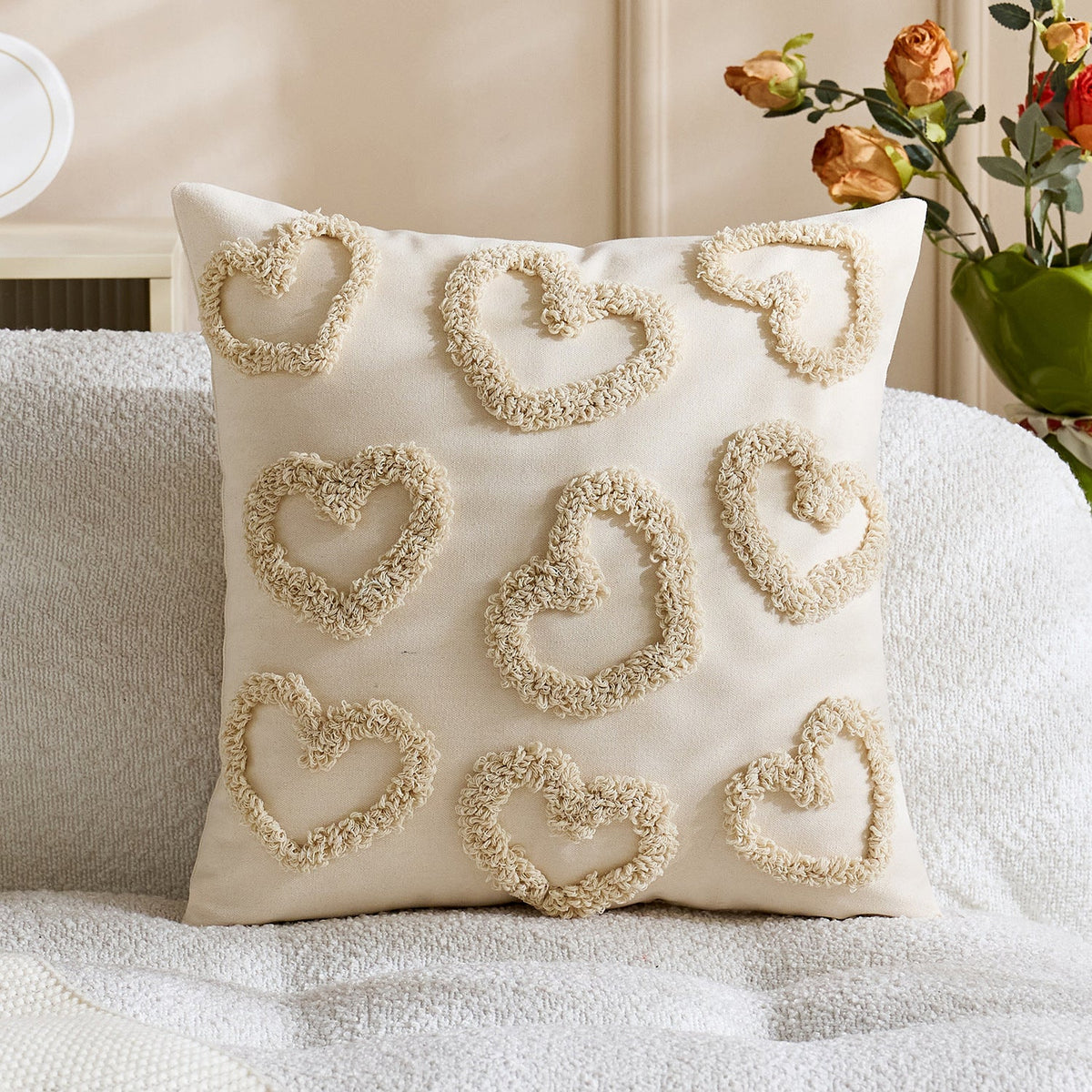 Lumbar Pillow Cover Tufted Heart Design Cotton-Linen Hidden Zipper