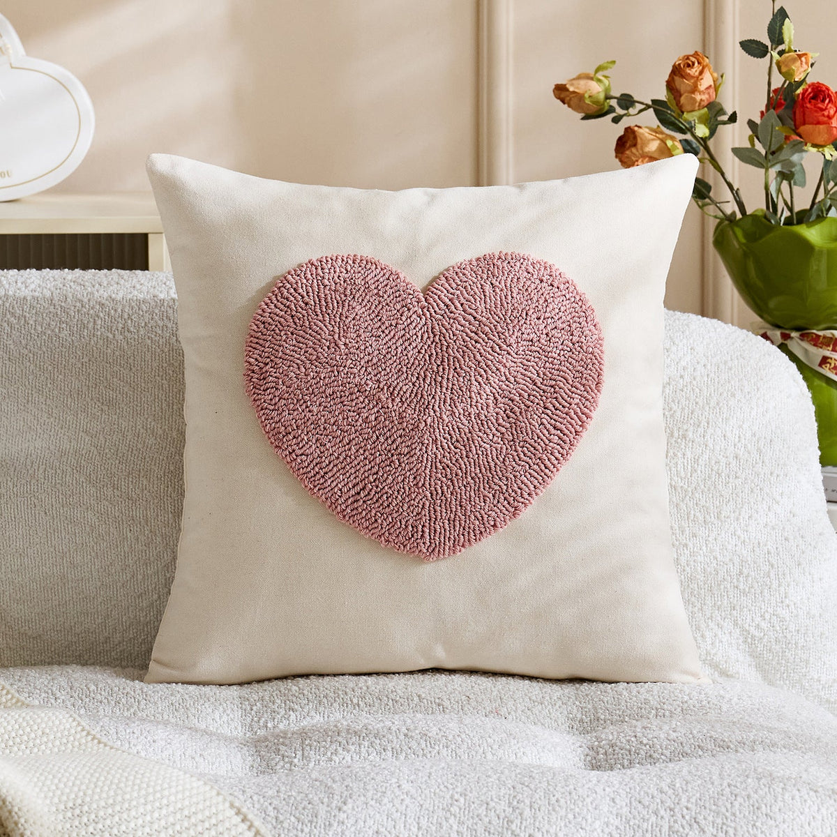 Lumbar Pillow Cover Tufted Heart Design Cotton-Linen Hidden Zipper