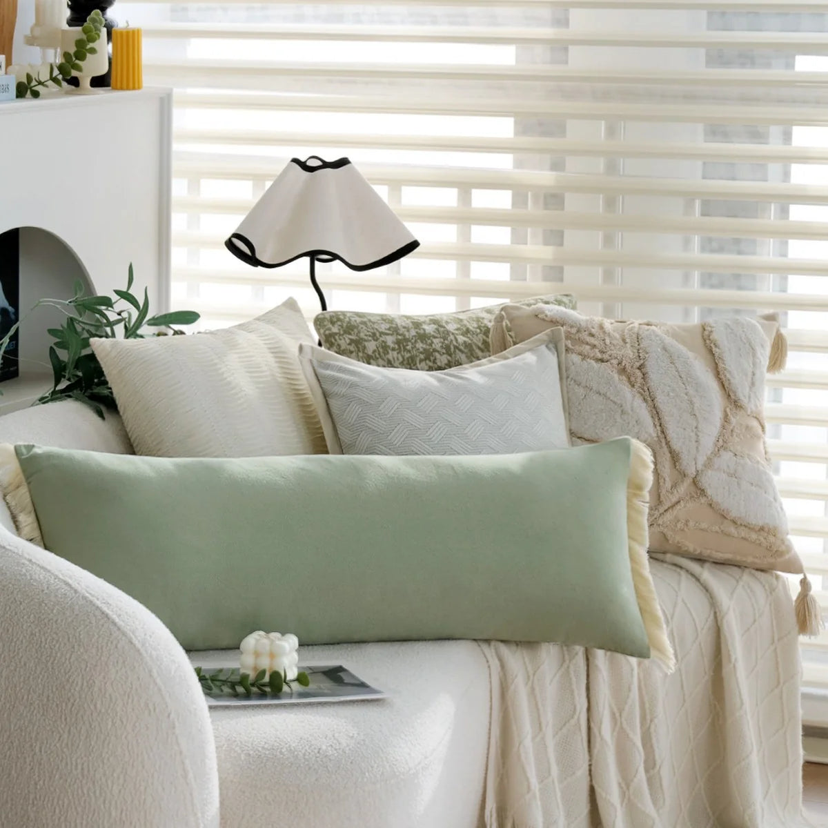 Lumbar Pillow Cover Velvety Microvelour Fringed Edges Concealed Zipper
