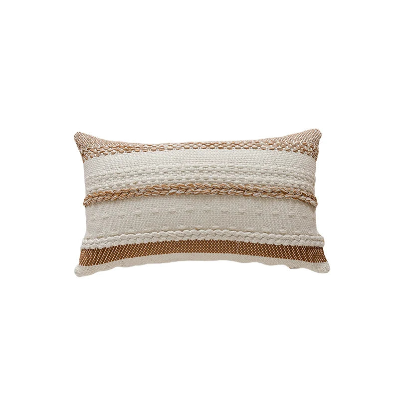 Lumbar Pillow Cover Woven Cotton Braided Trim Hidden Zipper