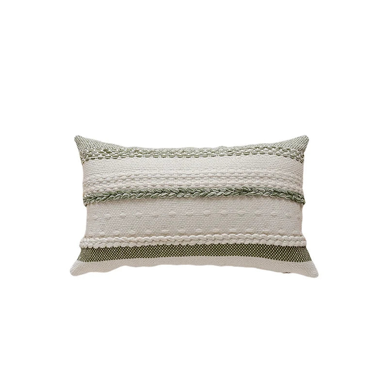 Lumbar Pillow Cover Woven Cotton Braided Trim Hidden Zipper