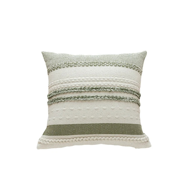 Lumbar Pillow Cover Woven Cotton Tufted & Braided Stripe