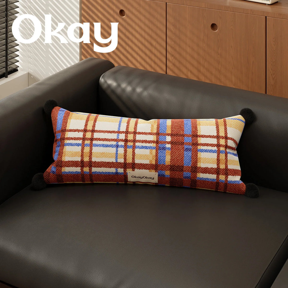 Lumbar Pillow Cover Woven Plaid Hidden Zipper & Reinforced Seams