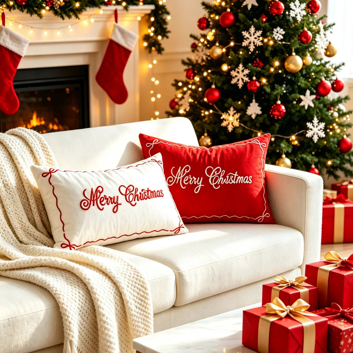 Lumbar Pillow Embroidered Holiday Satin & Hypoallergenic Insert