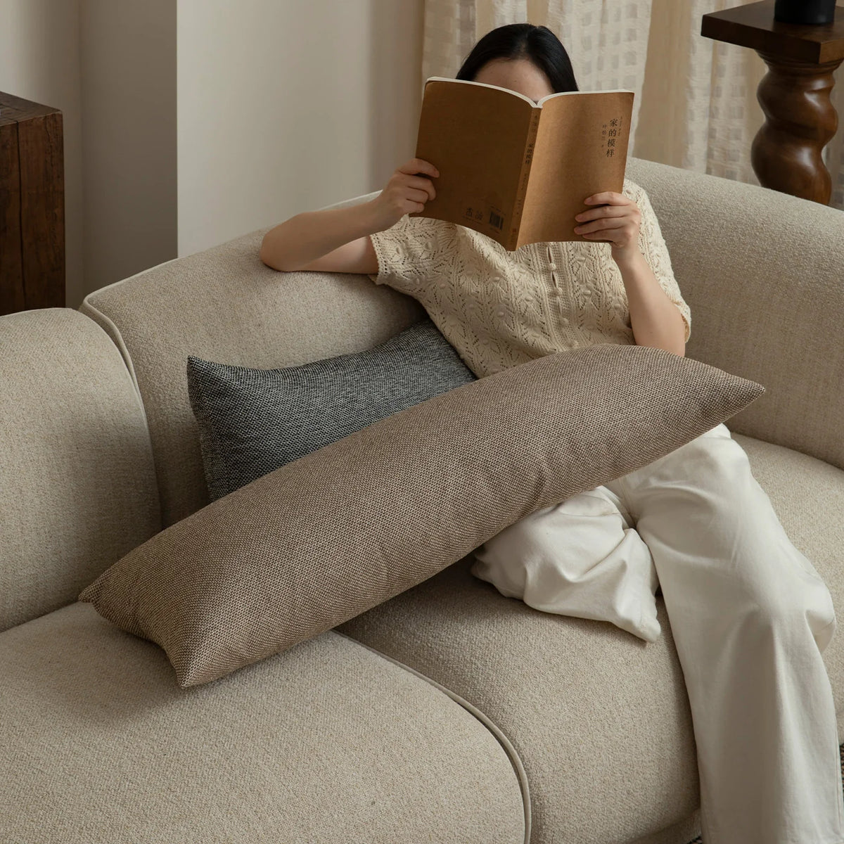 Lumbar Support Pillow Ergonomic Contour Removable Linen-Look Cover