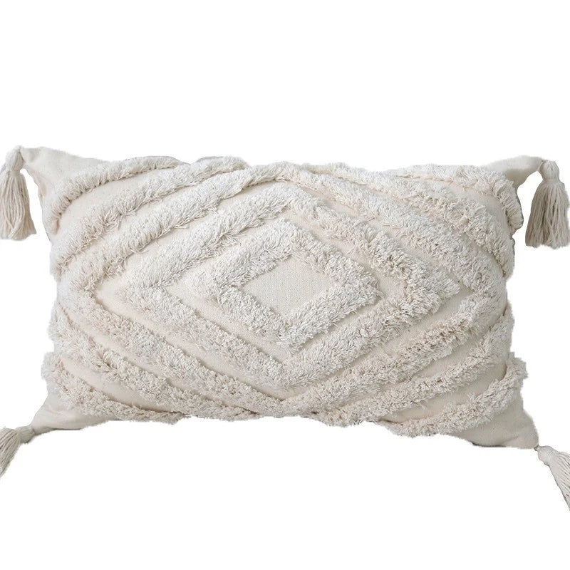 Lumbar Throw Pillow Hand-Tufted Oversized Tassels Removable Cotton Cover