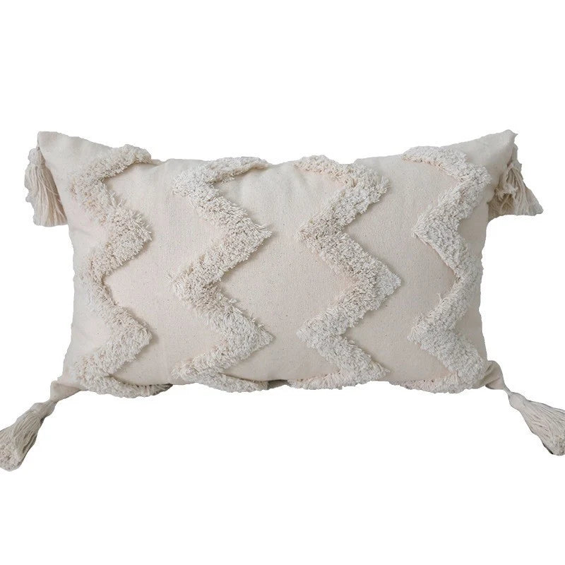 Lumbar Throw Pillow Hand-Tufted Oversized Tassels Removable Cotton Cover