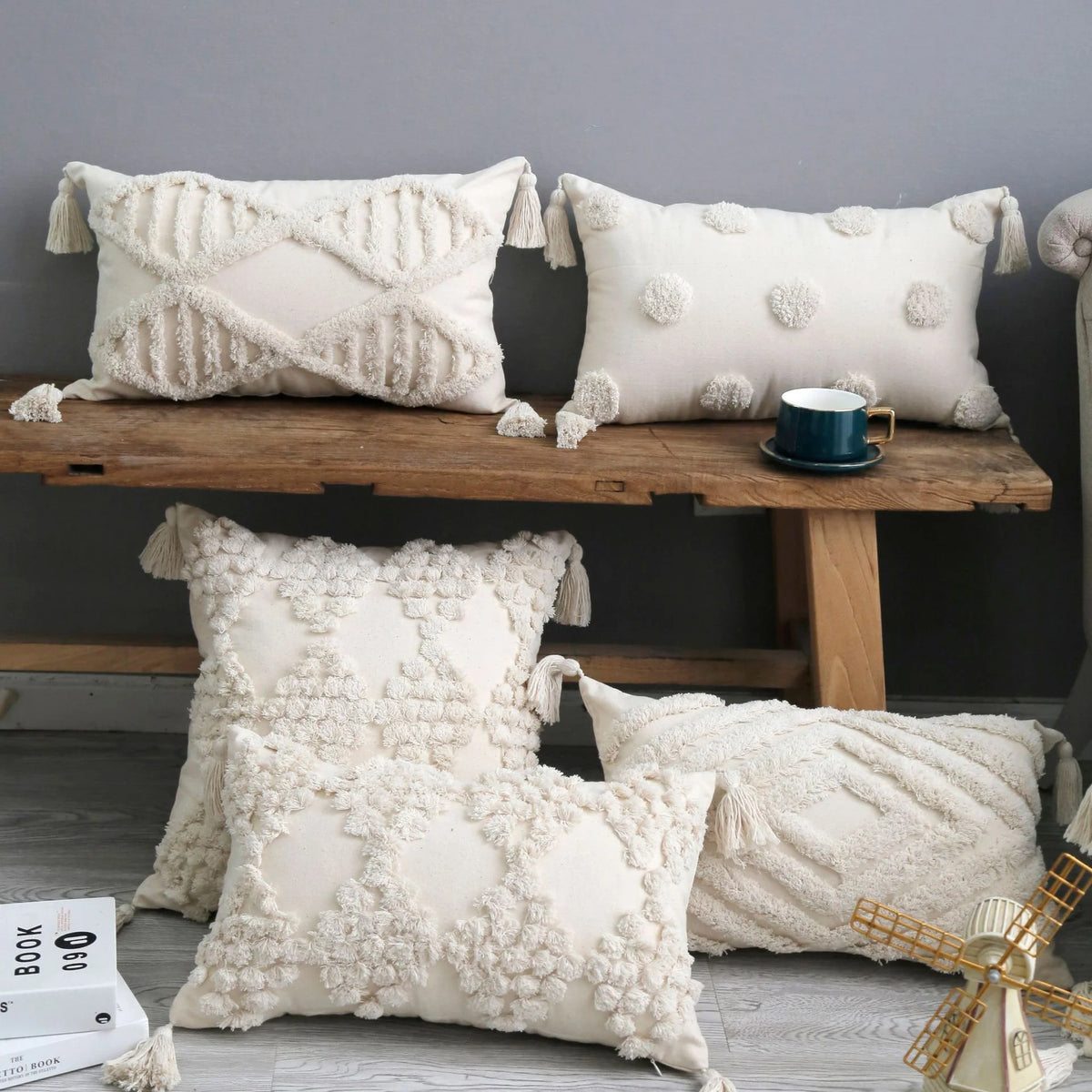 Lumbar Throw Pillow Hand-Tufted Oversized Tassels Removable Cotton Cover