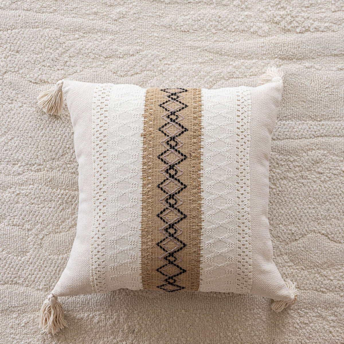 Lumbar Throw Pillow Handwoven Jute Stripe Tassel Corners