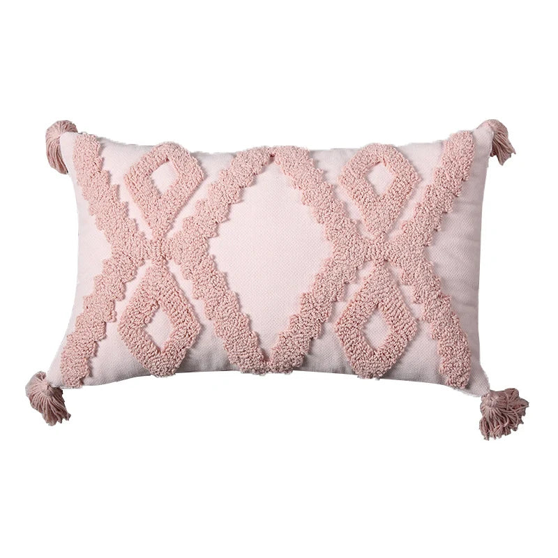 Lumbar Throw Pillow Linen-Blend Tufted Crochet Removable Cover