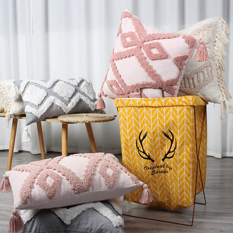 Lumbar Throw Pillow Linen-Blend Tufted Crochet Removable Cover