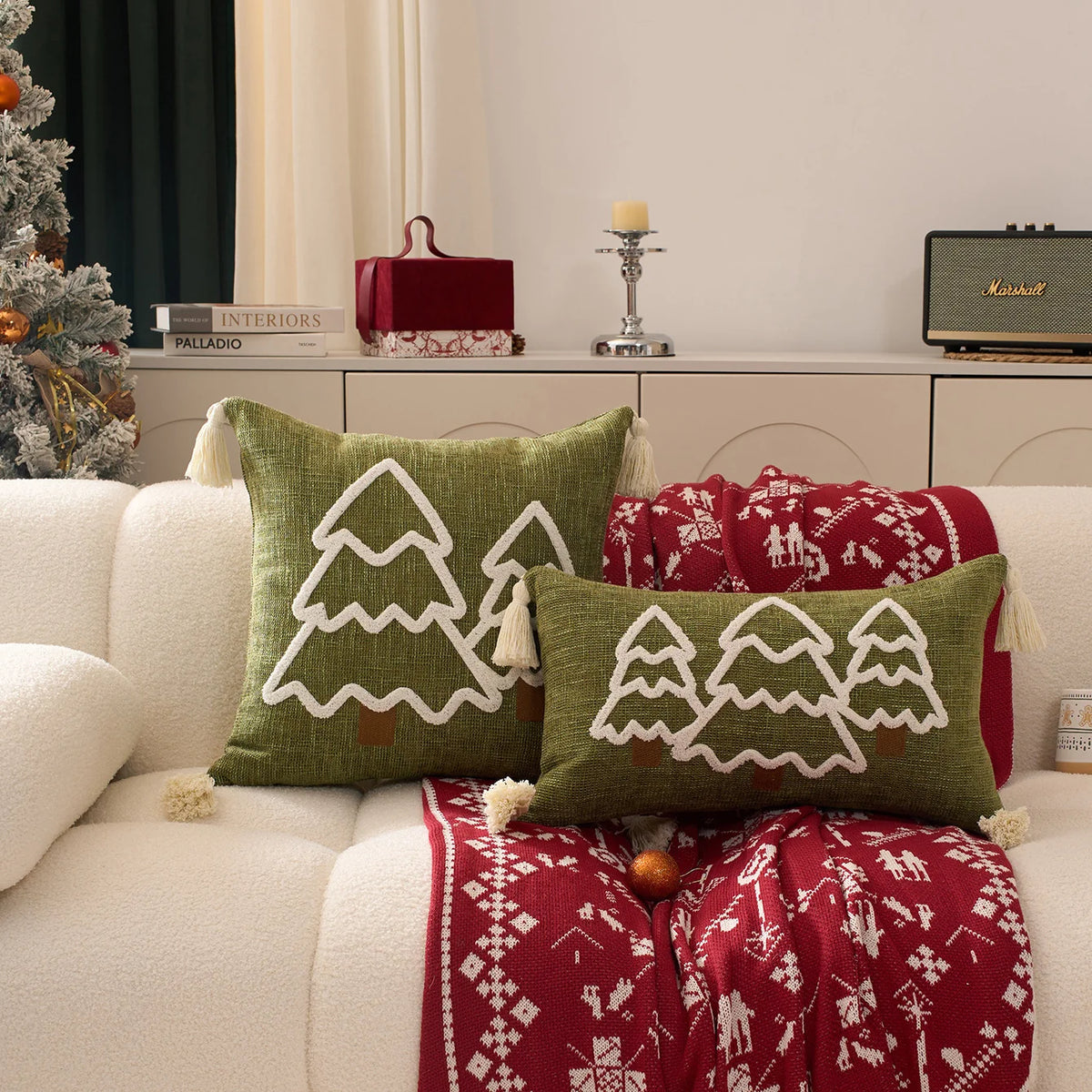 Lumbar Throw Pillow Raised Chenille Embroidery Tassel Corners