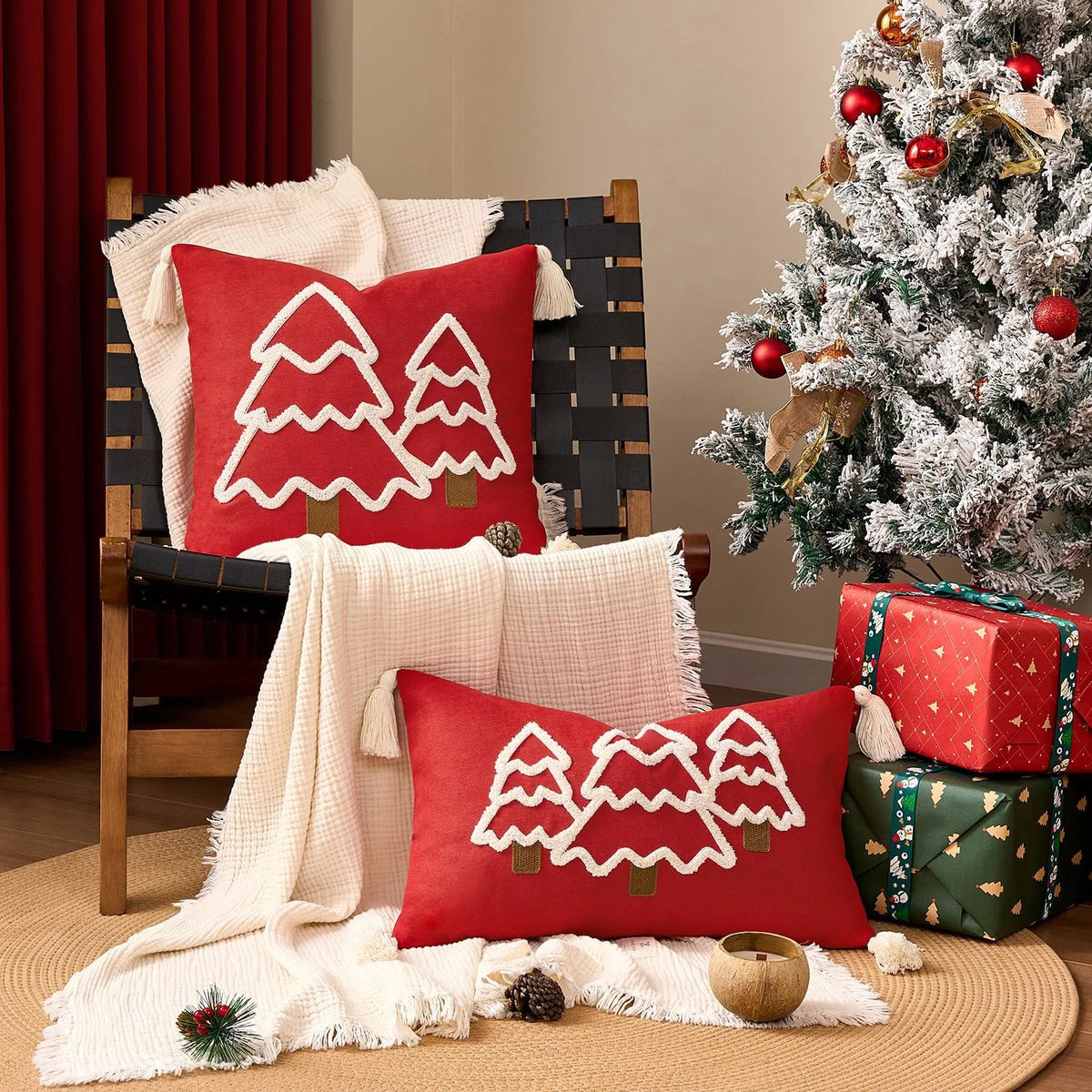 Lumbar Throw Pillow Raised Chenille Embroidery Tassel Corners