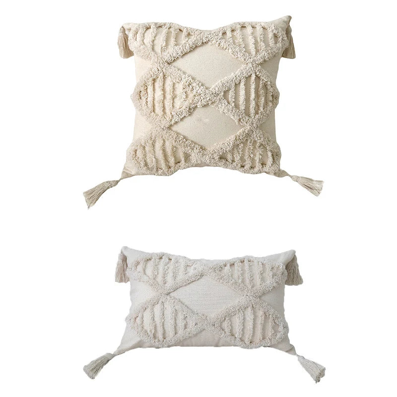 Lumbar Throw Pillow Woven Cotton Tufted Diamond & Tassels