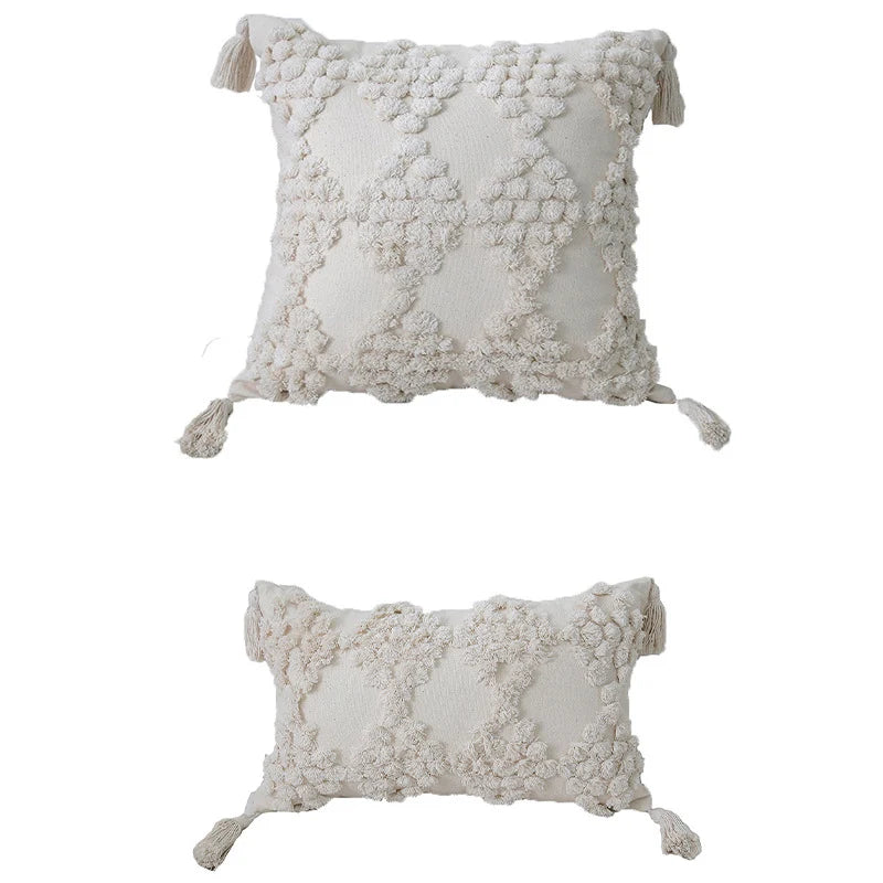Lumbar Throw Pillow Woven Cotton Tufted Diamond & Tassels