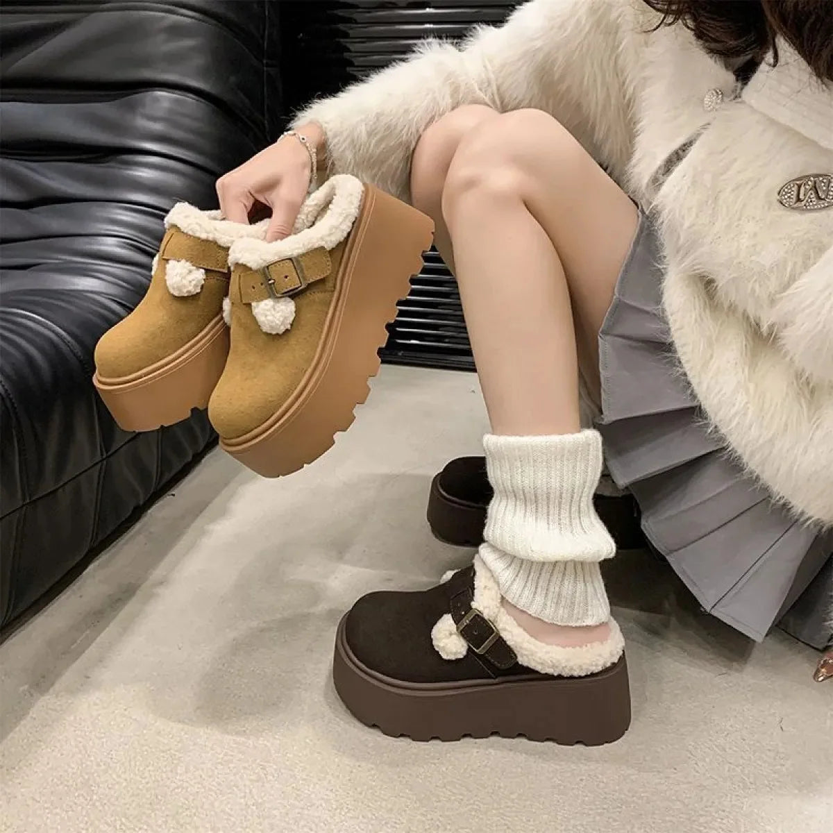 Mary Jane Loafers Suede Sheepskin Lined Platform Adjustable Buckle