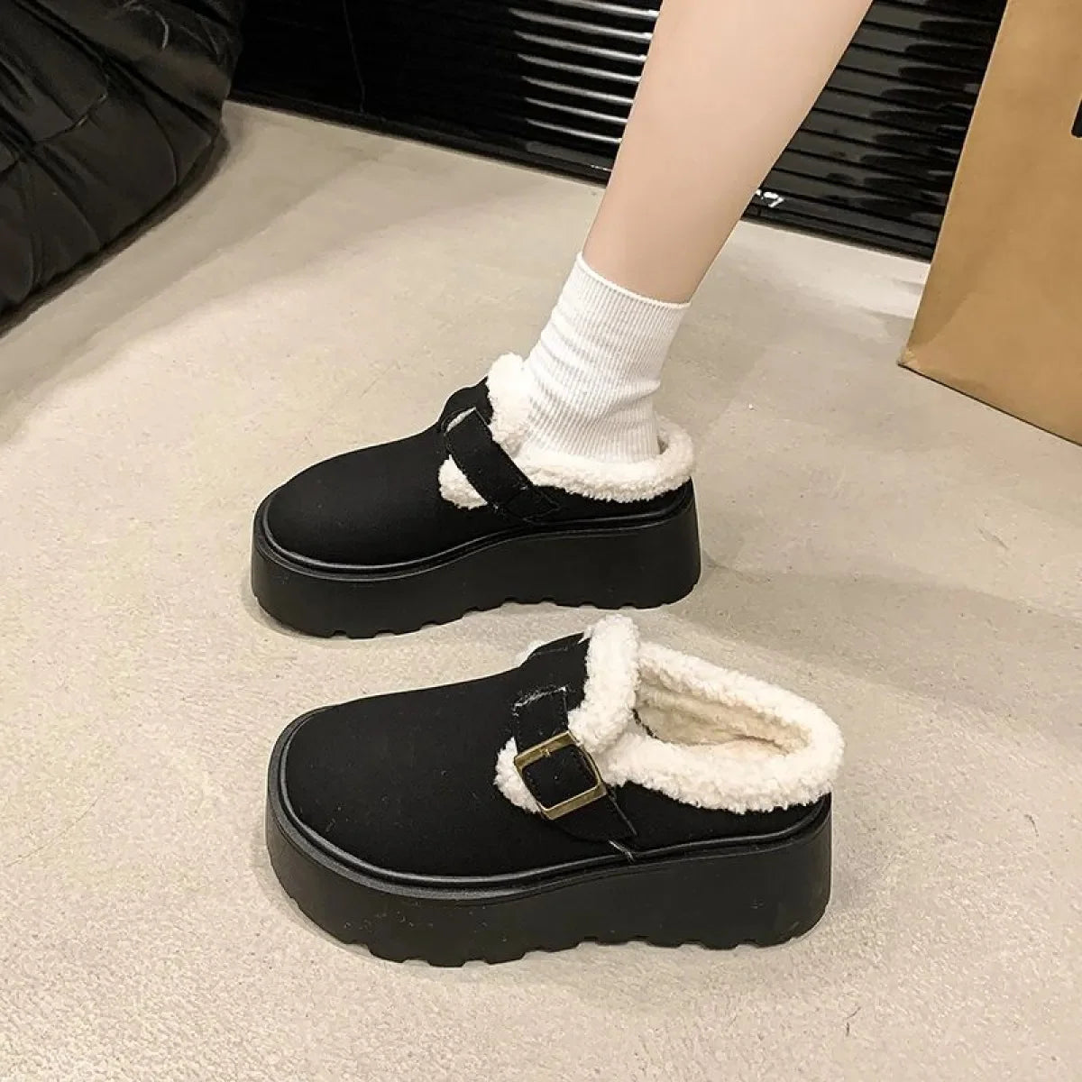 Mary Jane Loafers Suede Sheepskin Lined Platform Adjustable Buckle
