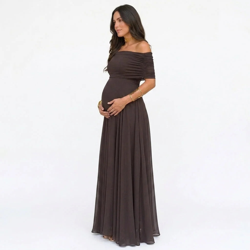 Maternity Maxi Dress Off-Shoulder Floral Stretch Polyester