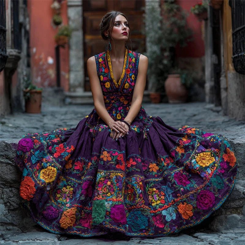 Maxi Dress Floral Print V-Neck Sleeveless Floor-Length
