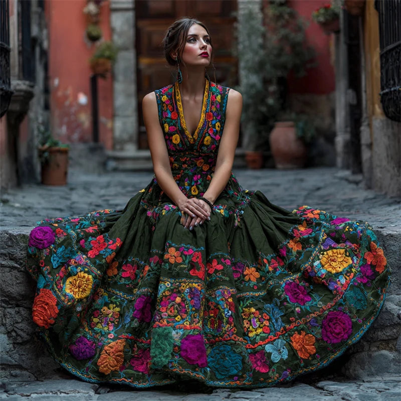Maxi Dress Floral Print V-Neck Sleeveless Floor-Length