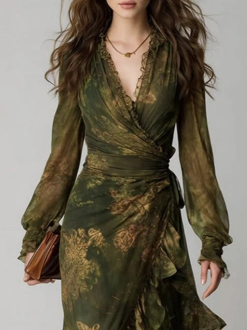 Maxi Dress Green Floral Wrap V-Neck Tiered Ruffles