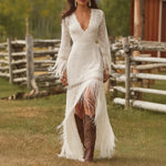 Maxi Dress Lace V-Neck Fringe Sleeves