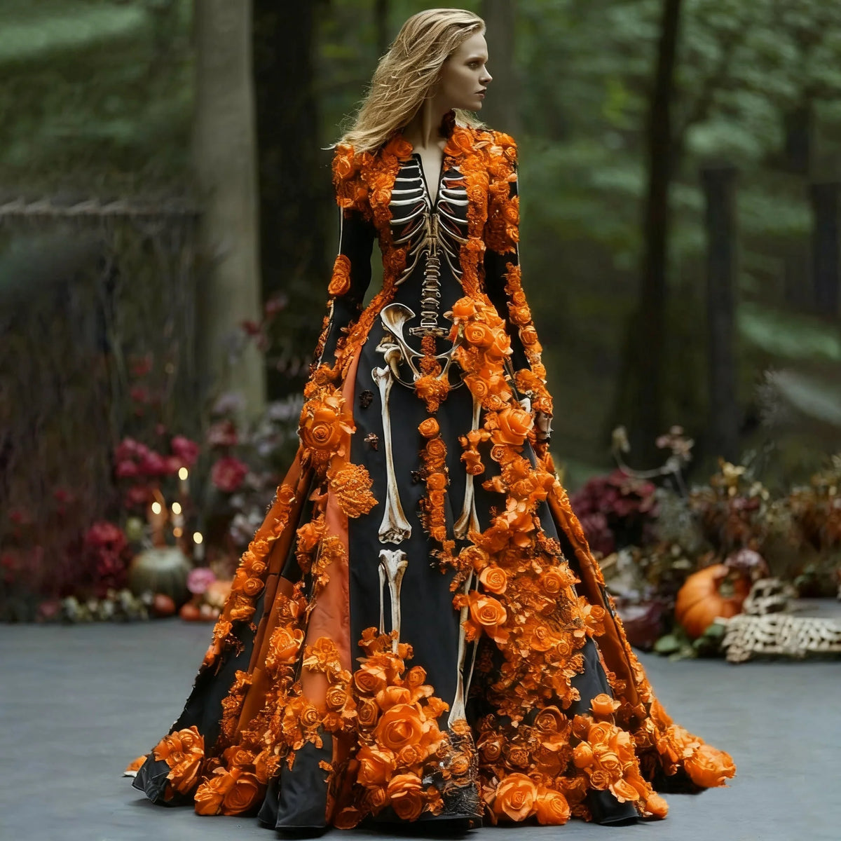 Maxi Dress Long Sleeve Skeleton Floral Print