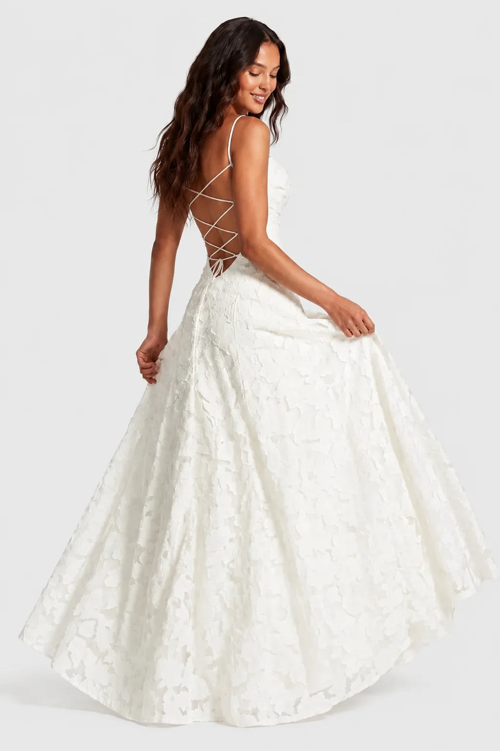 Maxi Dress Raised Floral Lace Draped Neckline
