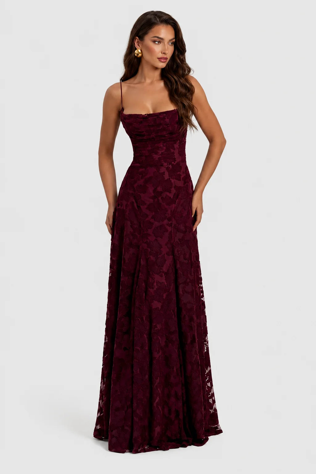 Maxi Dress Raised Floral Lace Draped Neckline