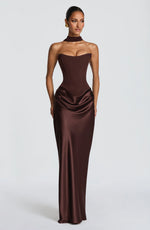 Maxi Dress Strapless Boned Corset Satin Cowl Skirt