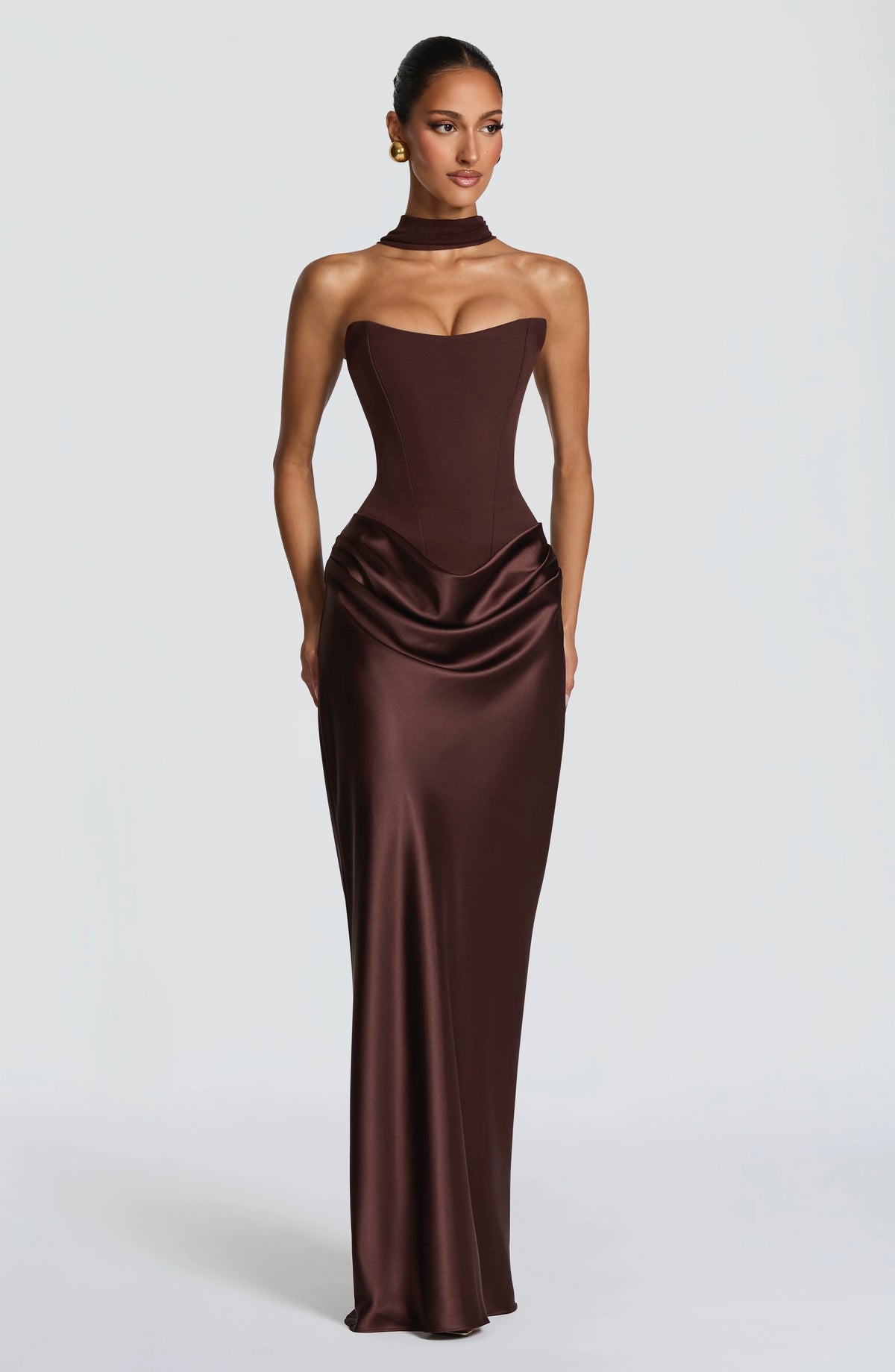 Maxi Dress Strapless Boned Corset Satin Cowl Skirt