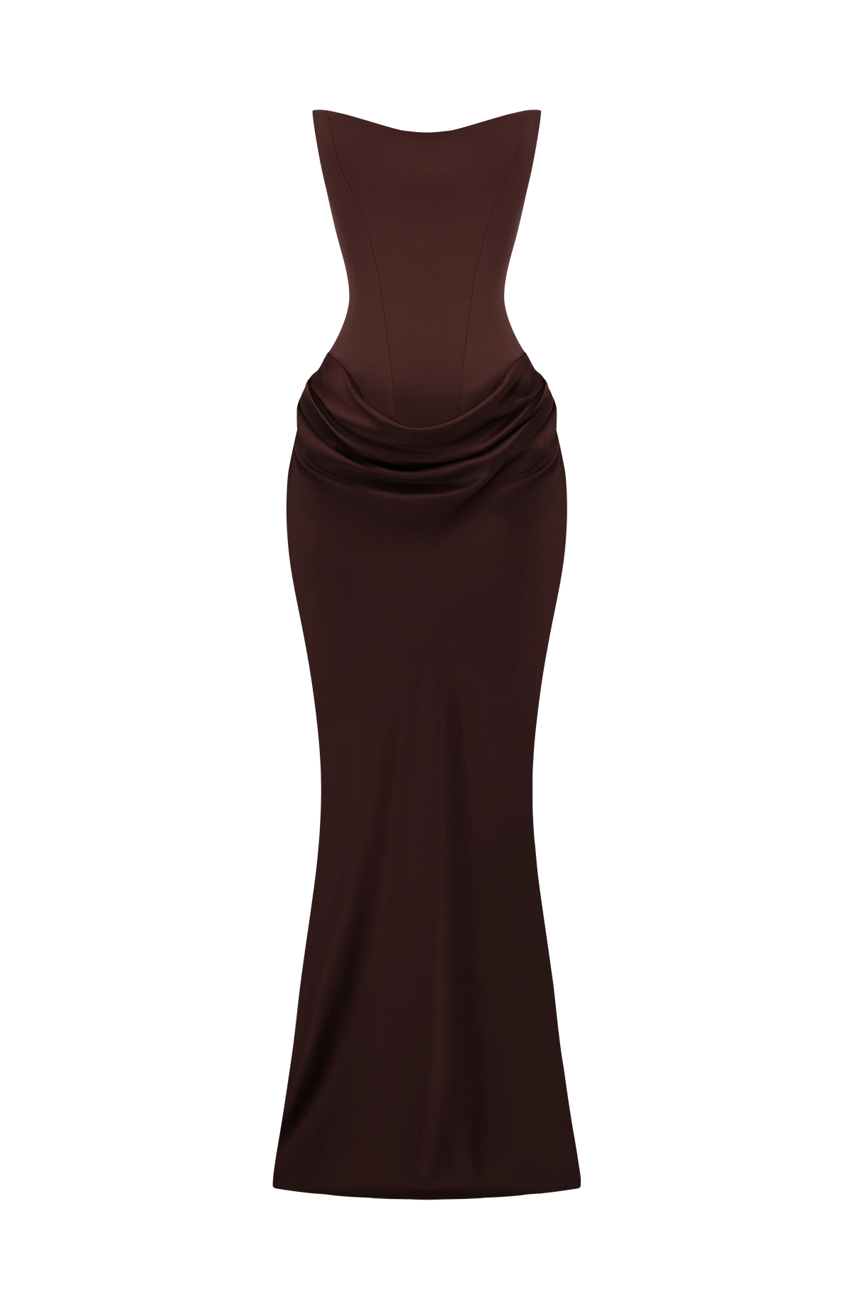 Maxi Dress Strapless Boned Corset Satin Cowl Skirt