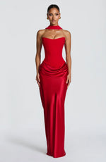 Maxi Dress Strapless Boned Corset Satin Cowl Skirt