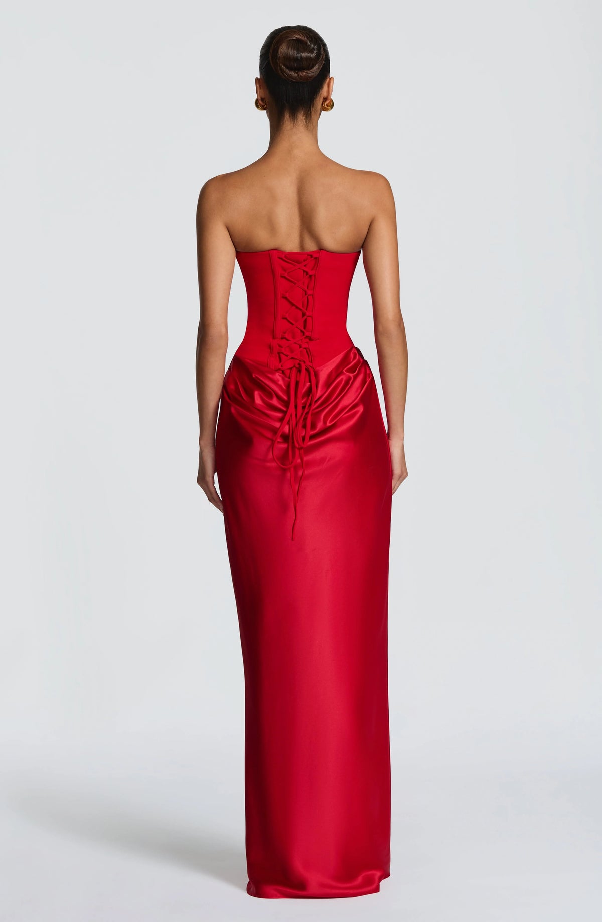 Maxi Dress Strapless Boned Corset Satin Cowl Skirt