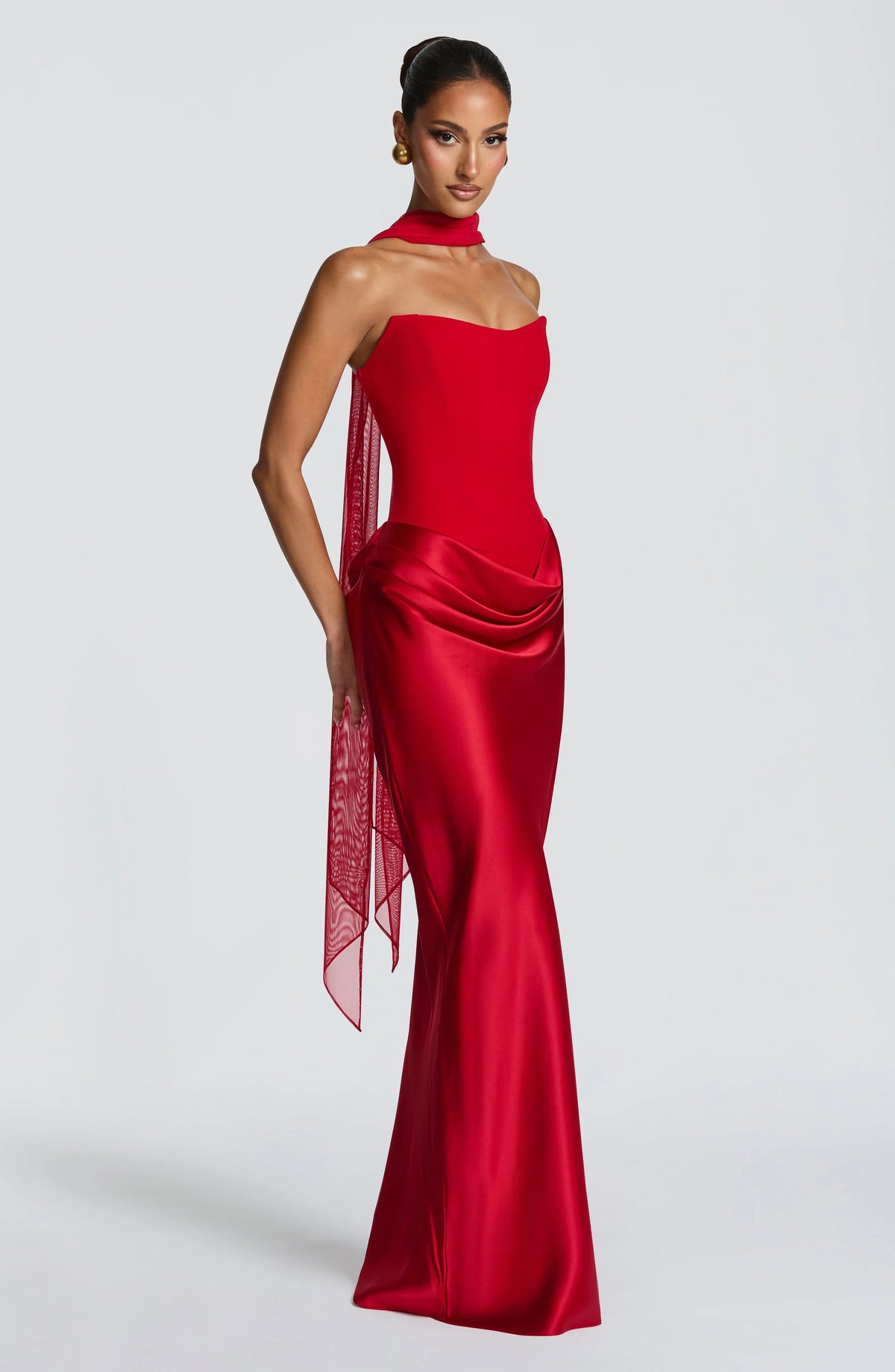 Maxi Dress Strapless Boned Corset Satin Cowl Skirt